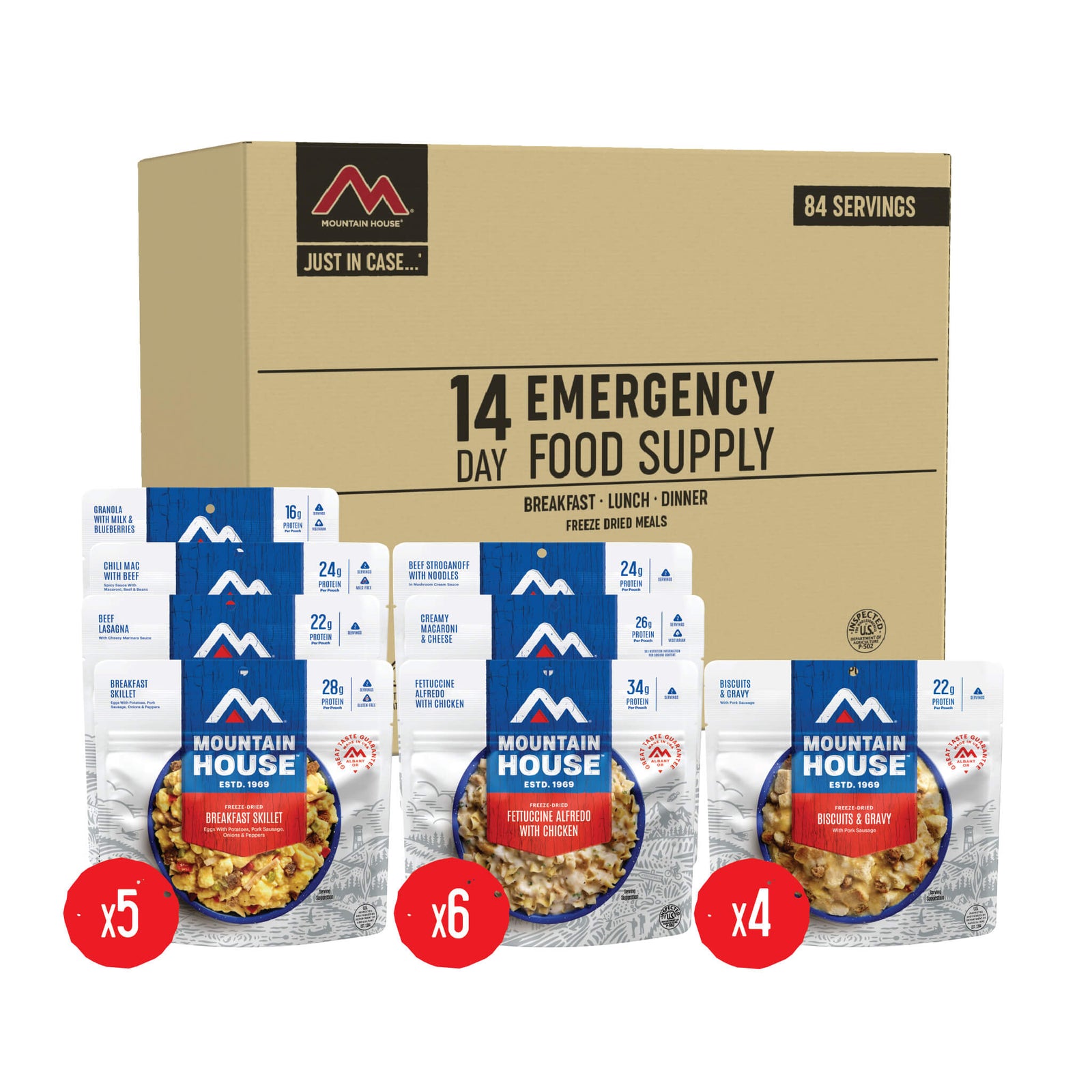 Front view of 14-Day Emergency Food Supply Kit with pouches.