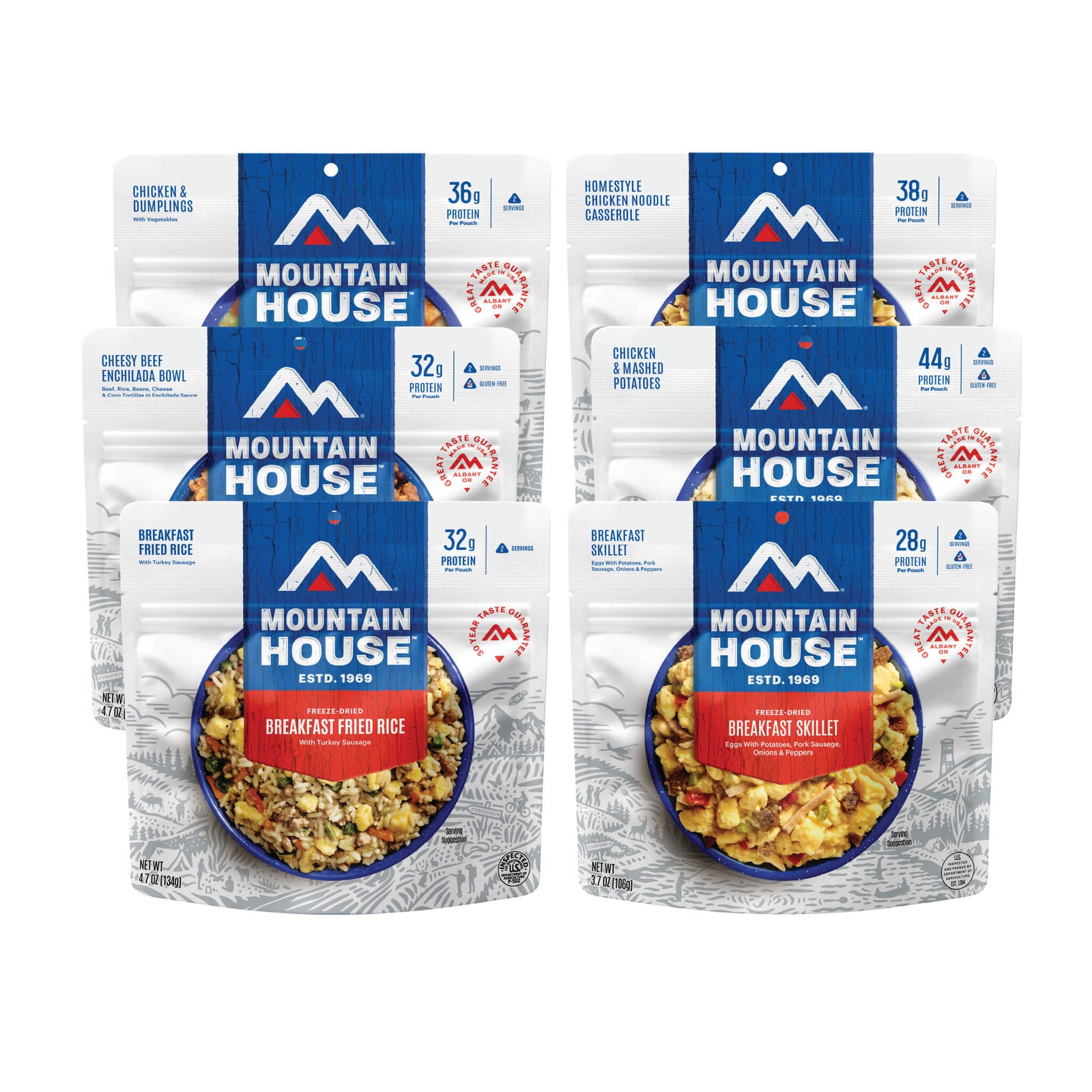 Six Mountain House freeze-dried meal pouches on a white background