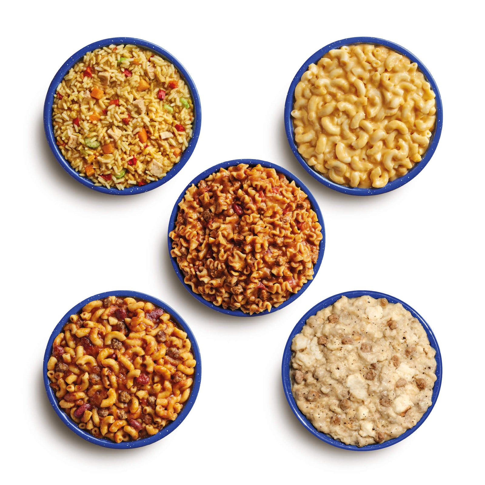 Aerial view of prepared freeze-dried meals in blue camping bowls. Meals shown are Rice & Chicken, Creamy Mac & Cheese, Lasagna, Biscuits & Gravy, and Chili Mac with Beef.