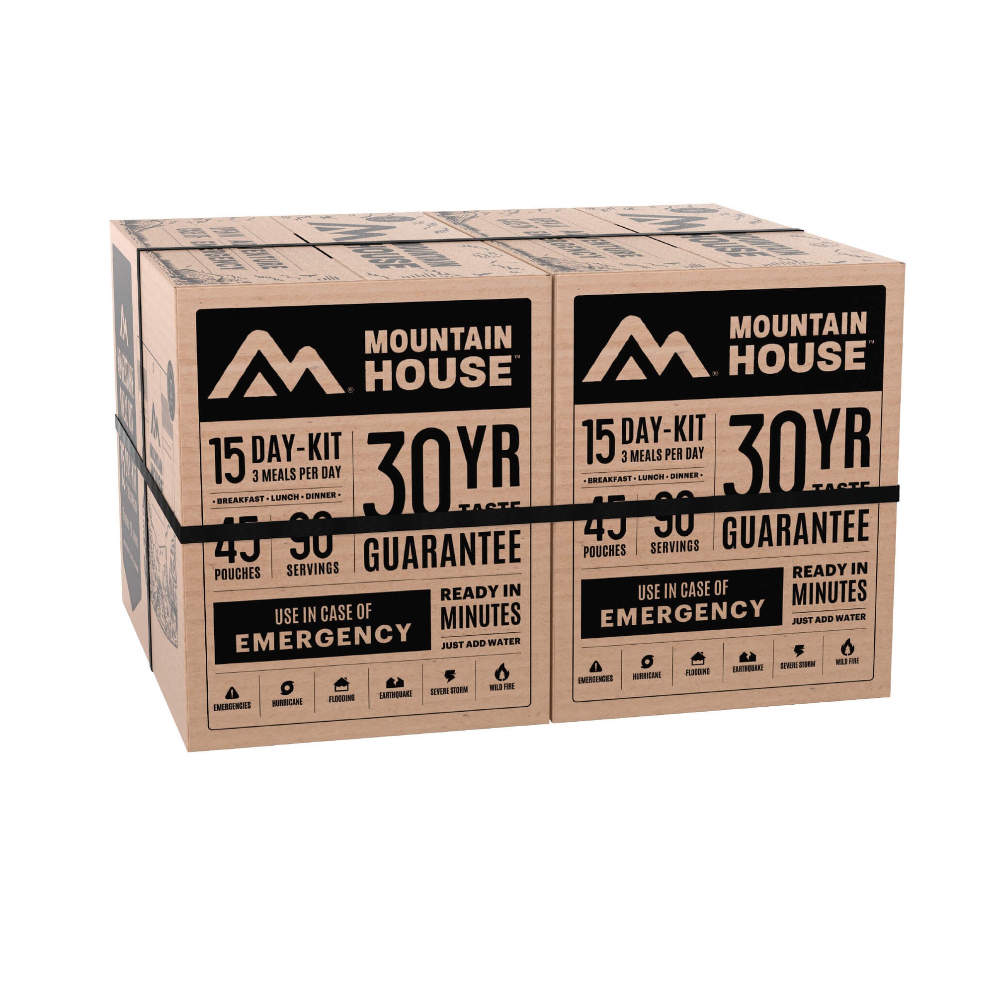 Two boxes of Mountain House 15-Day Kits banded together with use case messaging and 30 year taste guarantee.