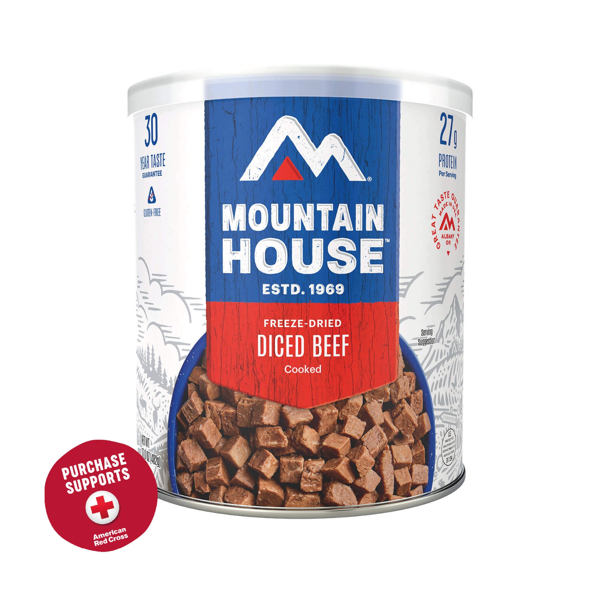 Mountain House freeze-dried diced beef canister on a white background with red circle that says purchase supports American Red Cross.