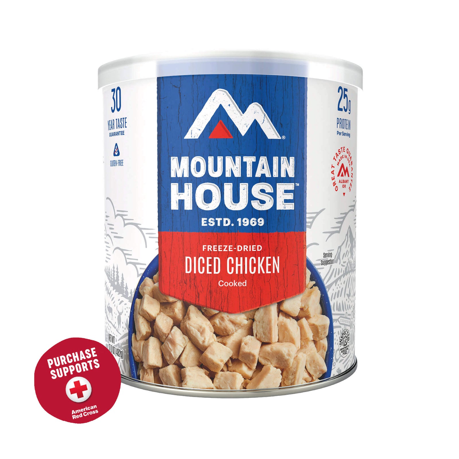 Mountain House freeze-dried diced chicken can on a white background with red circle that says purchase supports American Red Cross