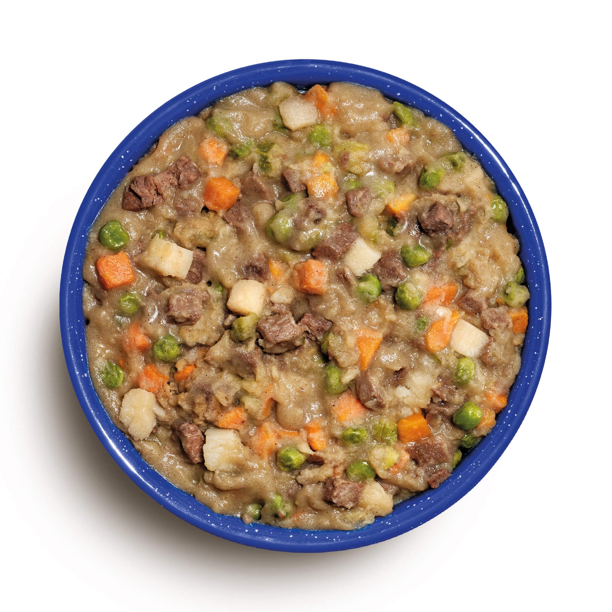 Mountain House Beef Stew prepared in a blue camping bowl.