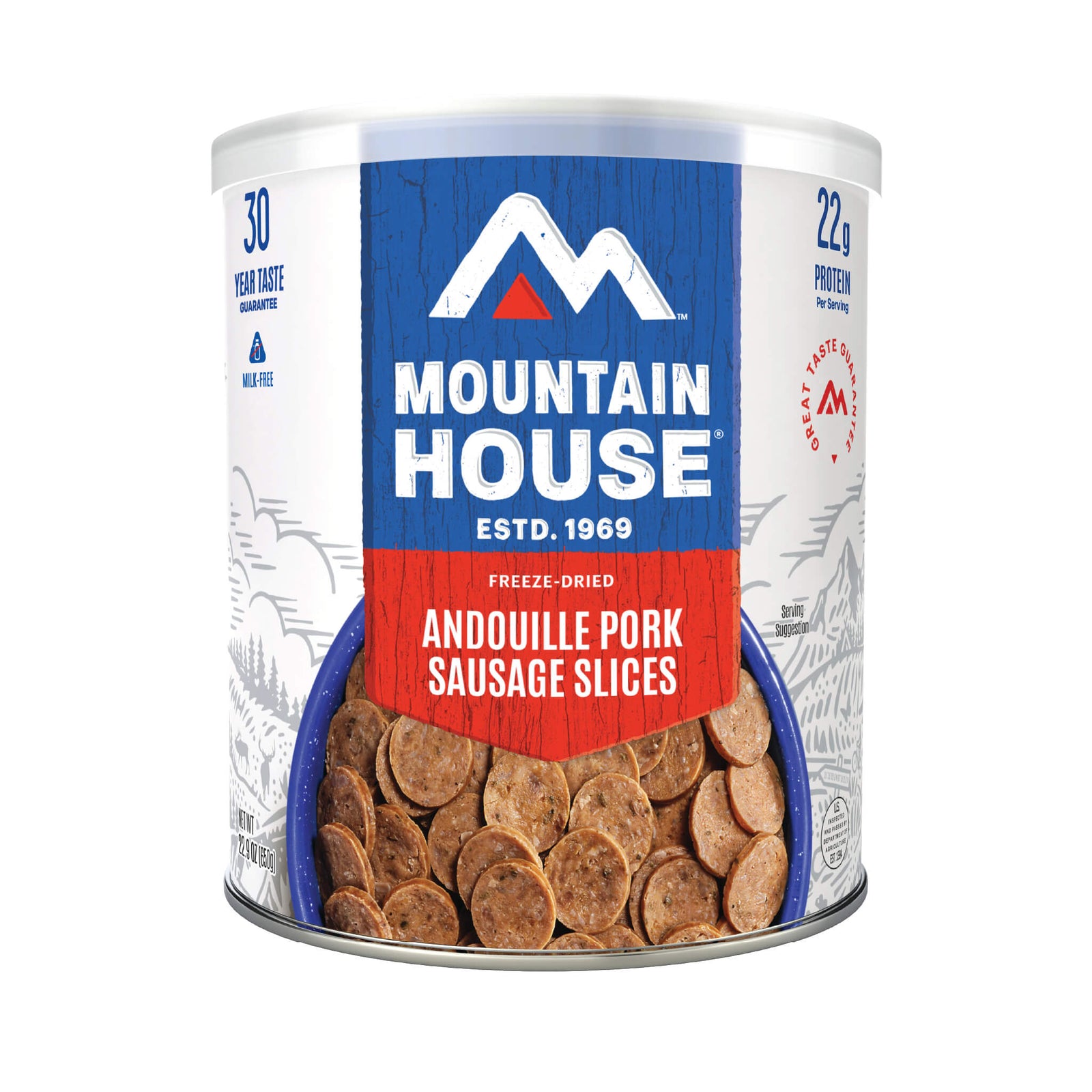 Can of Mountain House Andouille Pork Sausage Slices on a white background