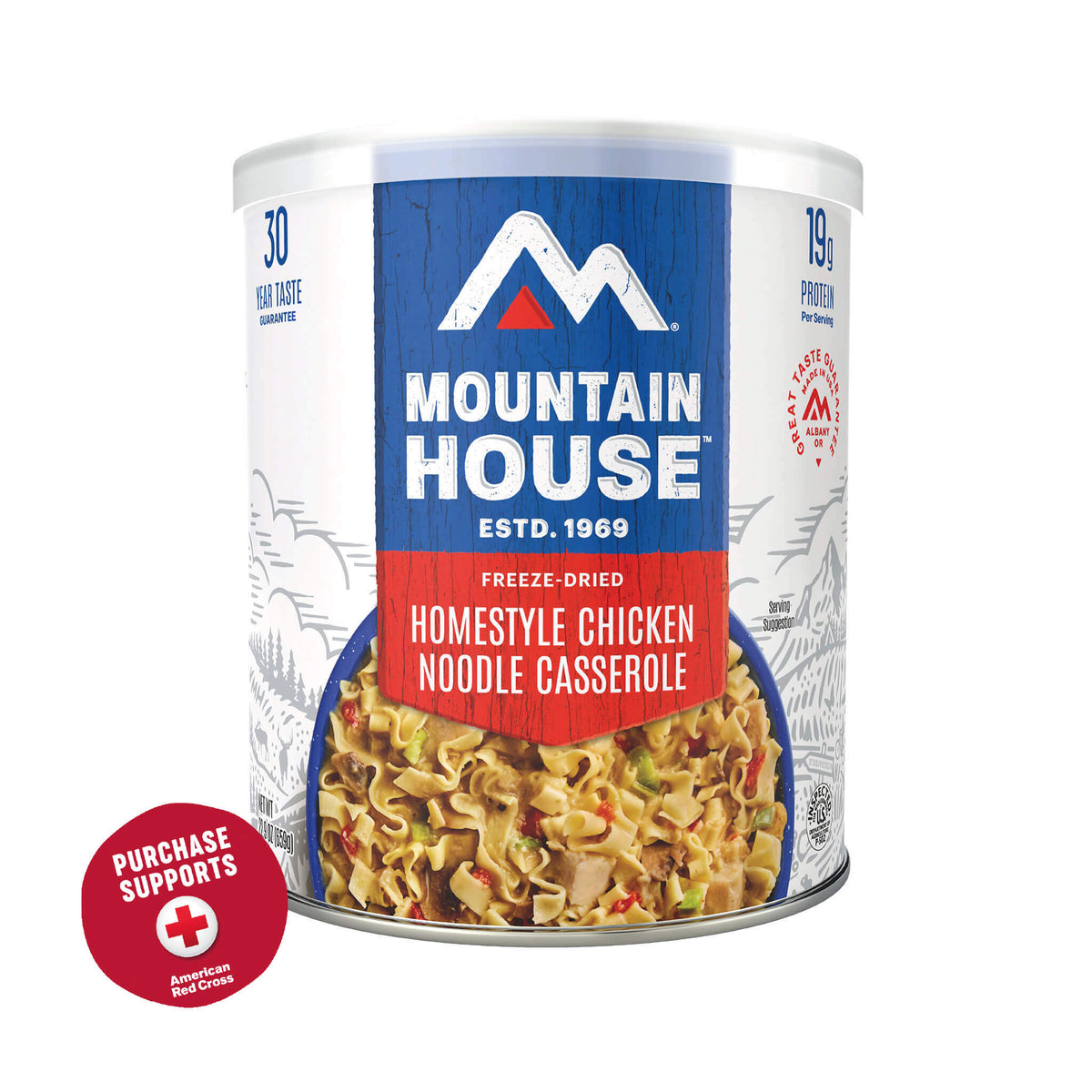 Homestyle Chicken Noodle Casserole #10 Can with red badge that reads, &quot;Purchase supports American Red Cross&quot;.