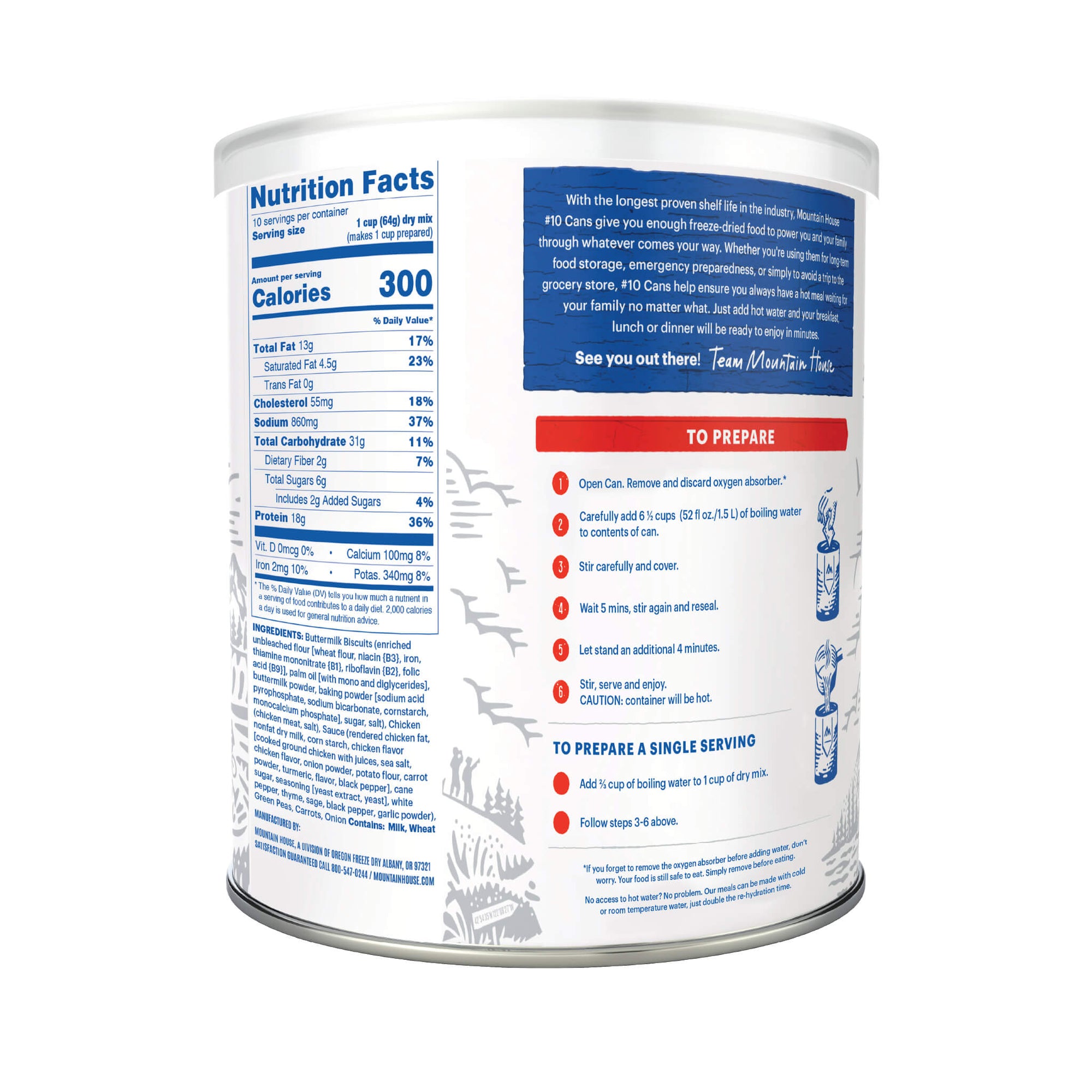 #10 can of Chicken & Dumplings with nutritional information and preparation instructions on a white background