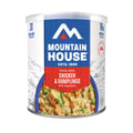Can of Mountain House freeze-dried chicken and dumplings with vegetables on a white background