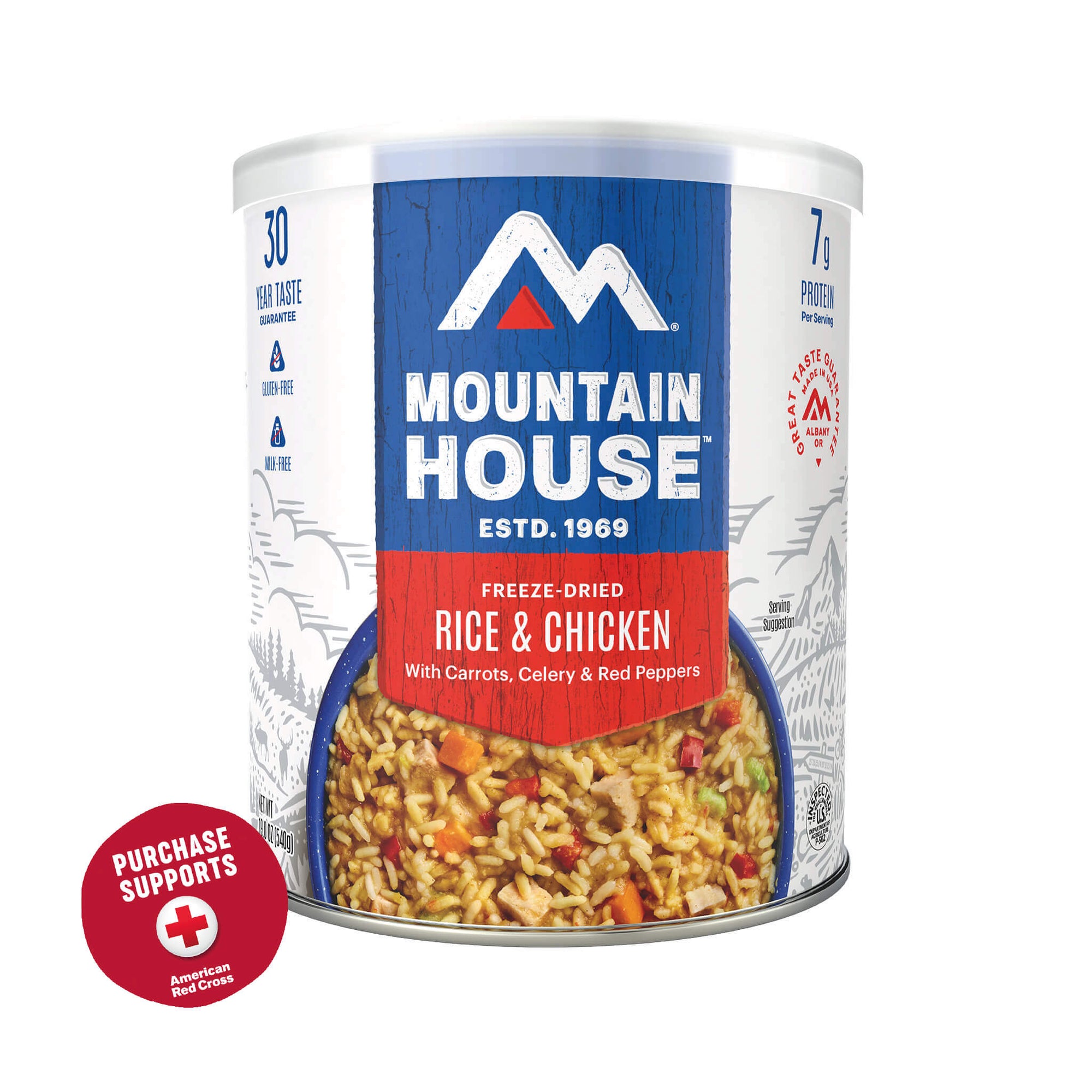 Mountain House Rice & Chicken #10 Can package on a white background with red circle that says purchase supports American Red Cross.