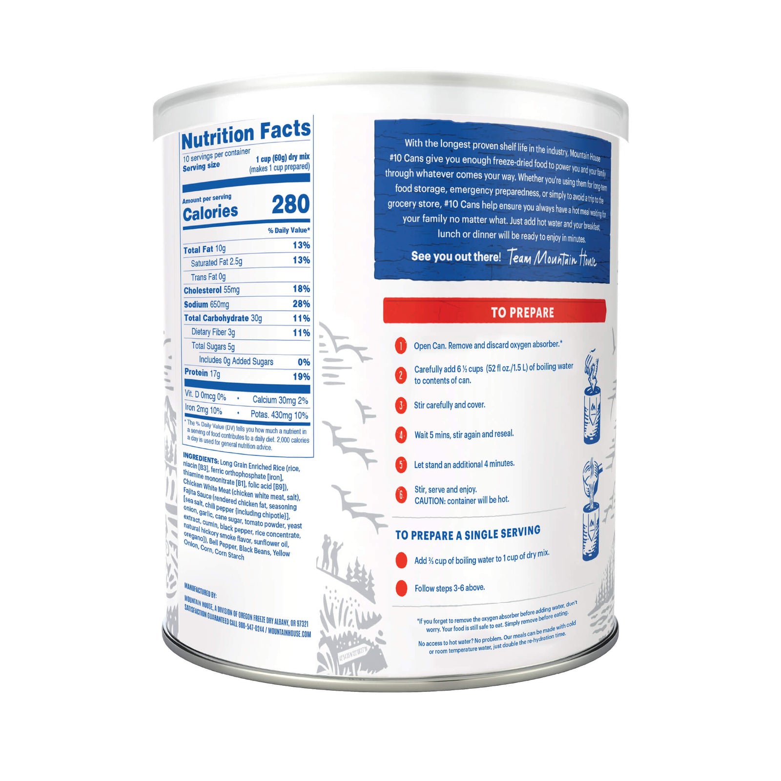 #10 Can of Chicken Fajita Bowl with nutritional information and preparation instructions on a white background
