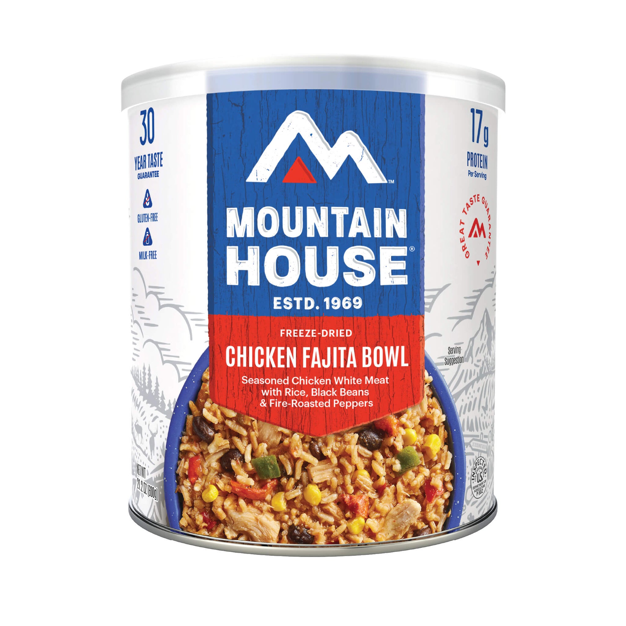 Mountain House freeze-dried chicken fajita bowl can on a white background