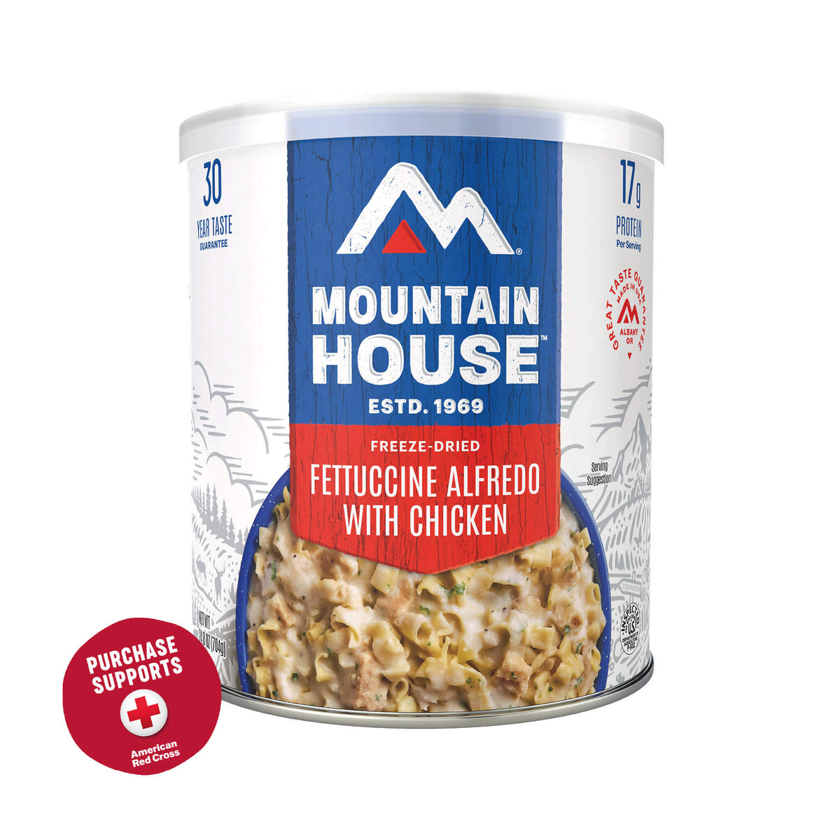 Mountain House Fettuccine Alfredo with Chicken #10 Can package on a white background with a red circle that says purchase supports American Red Cross