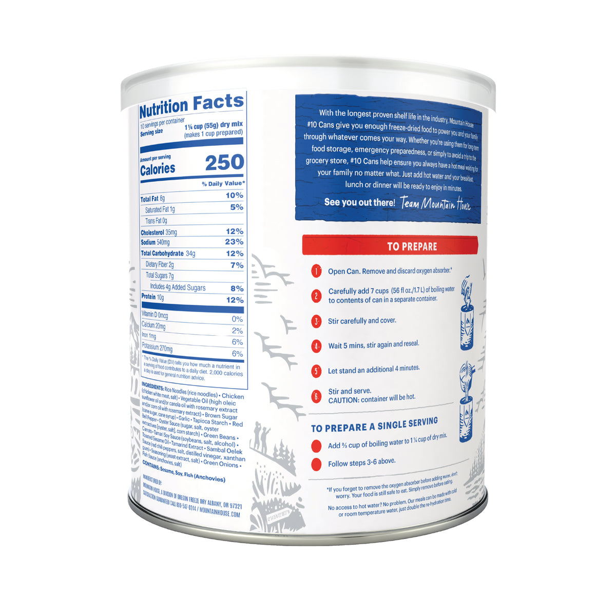 Pad Thai #10 Can with nutritional information and preparation instructions on a white background