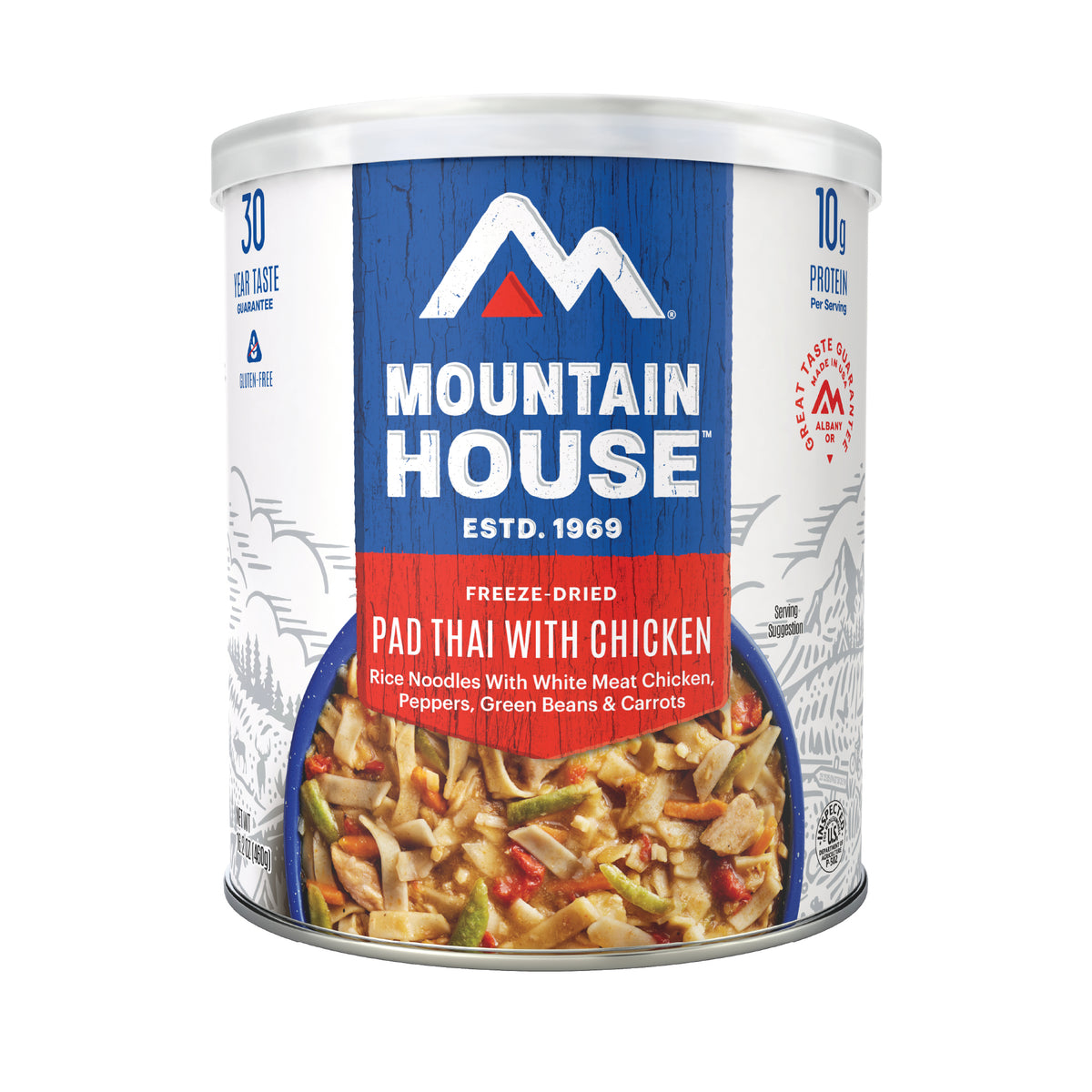 Mountain House freeze-dried Pad Thai with Chicken can on a white background