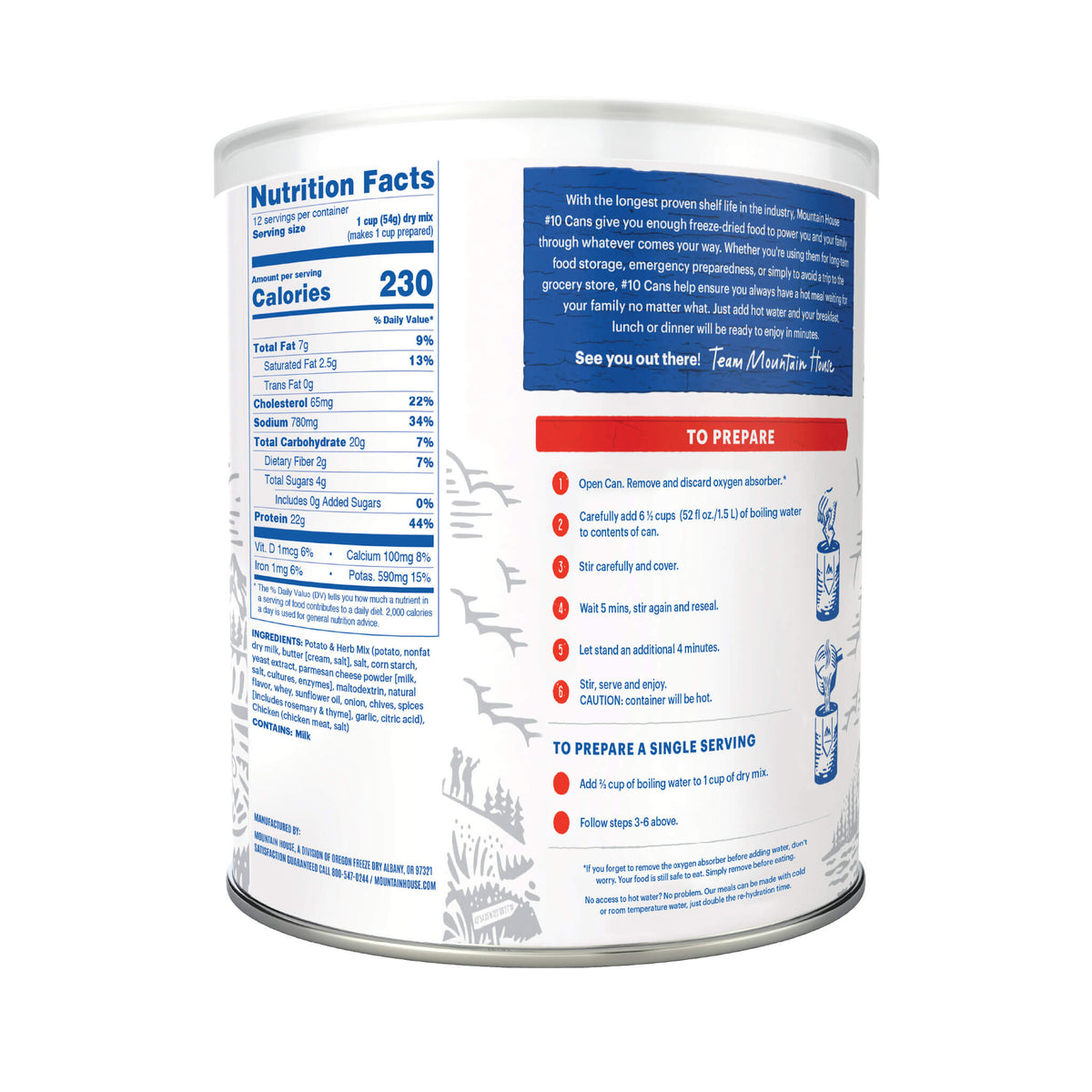 #10 Can of Chicken & Mashed Potatoes with nutritional information and preparation instructions on a white background