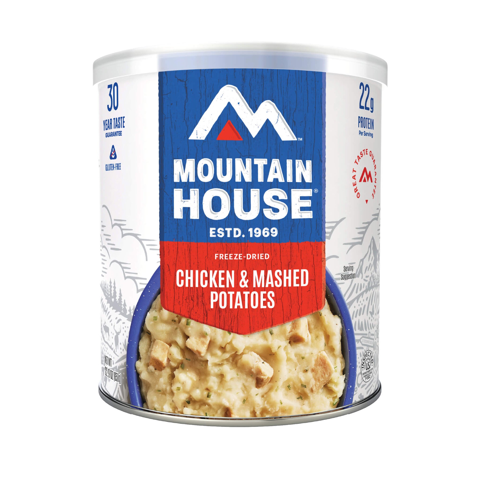 Mountain House can of chicken and mashed potatoes on a white background