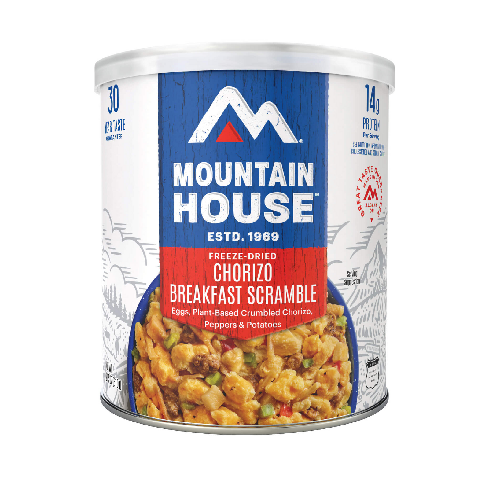 Can of Mountain House Freeze-Dried Chorizo Breakfast Scramble on a white background