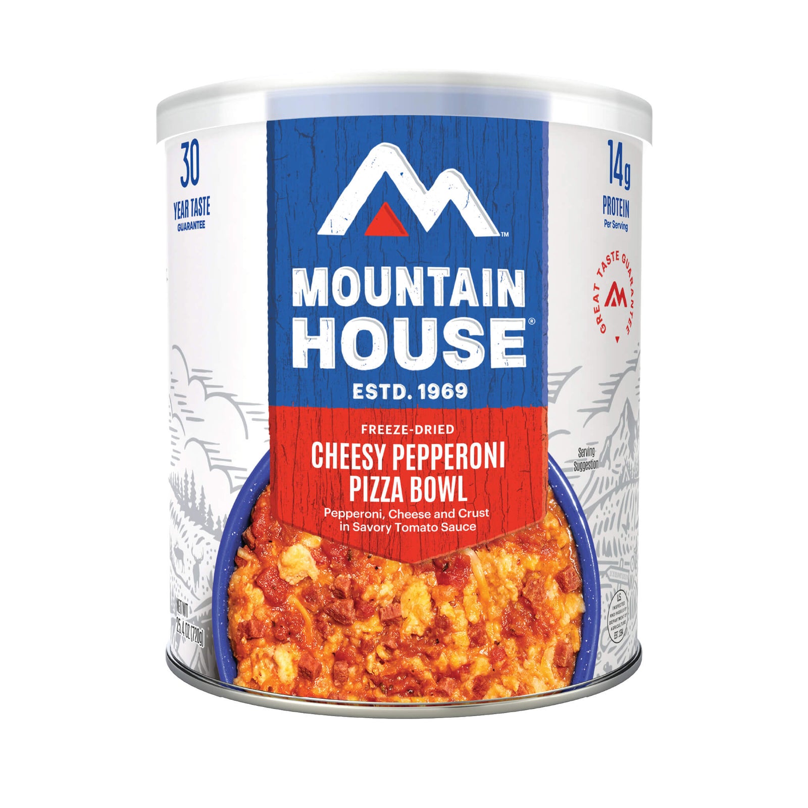 Can of Mountain House Cheesy Pepperoni Pizza Bowl on a white background