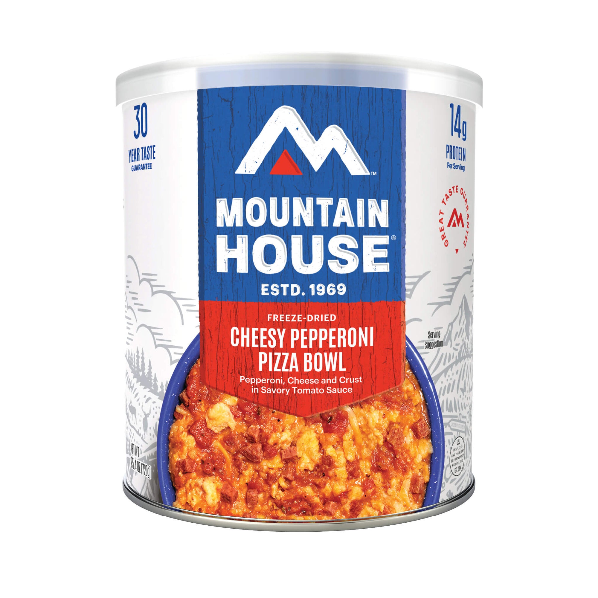 Can of Mountain House Cheesy Pepperoni Pizza Bowl on a white background