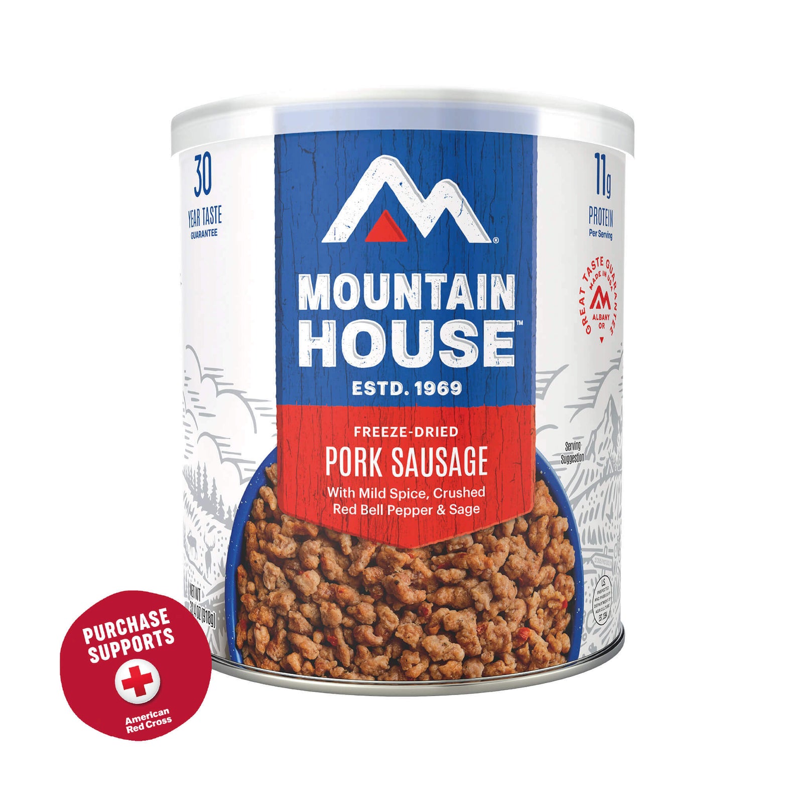 Mountain House freeze-dried pork sausage can on a white background with red circle that says purchase supports American Red Cross