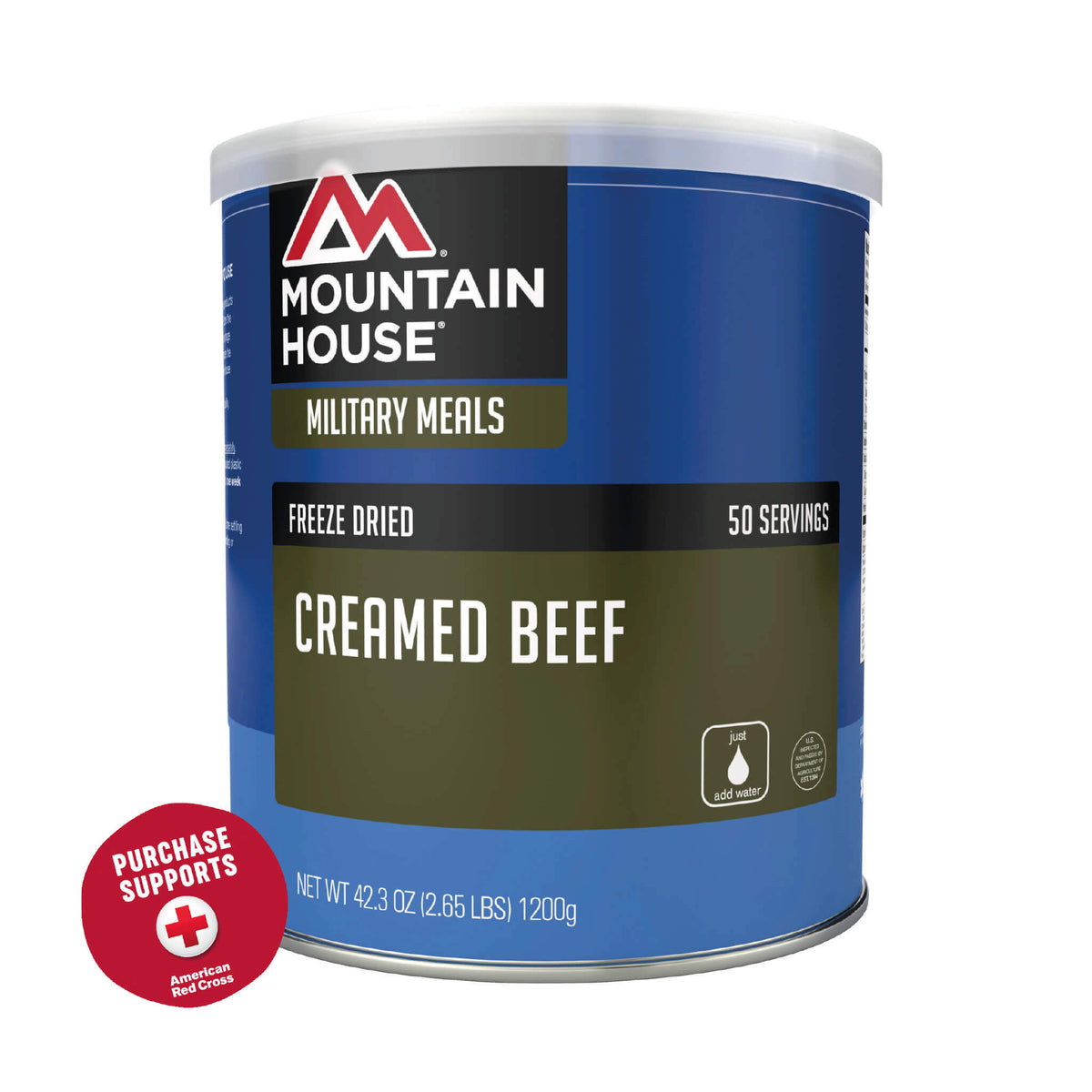 Creamed Beef #10 Can with red badge that reads, &quot;Purchase supports American Red Cross&quot;.