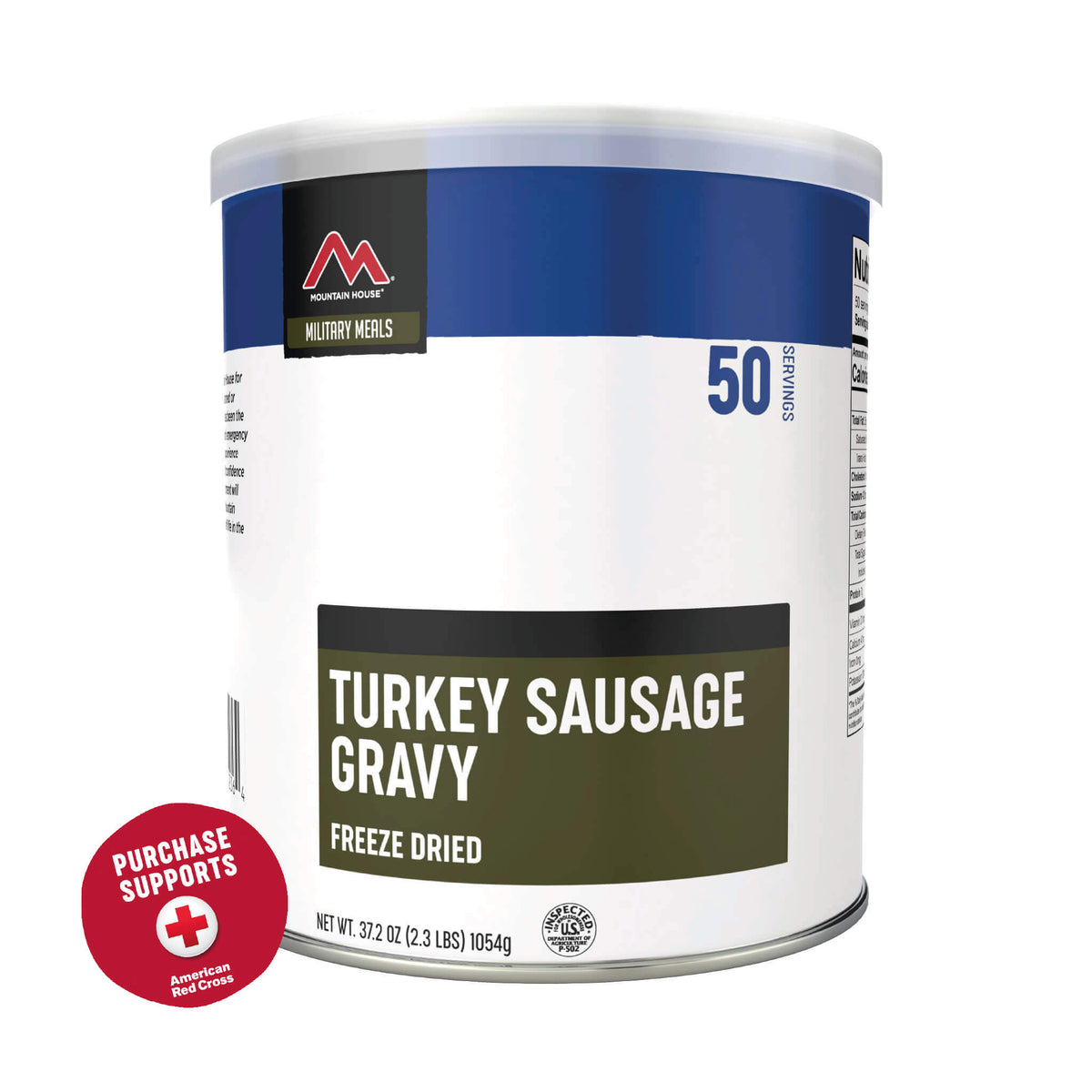 Turkey Sausage Gravy #10 Can with red badge that reads, &quot;Purchase supports American Red Cross&quot;.