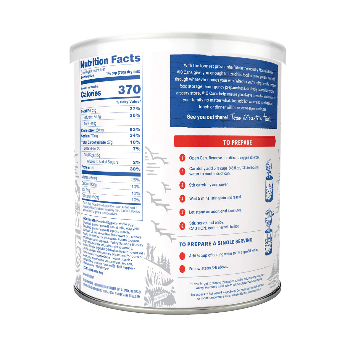 Back of Mountain House Turkey Sausage Breakfast Skillet #10 Can with nutrition facts label, ingredients, and prep instructions on a white background