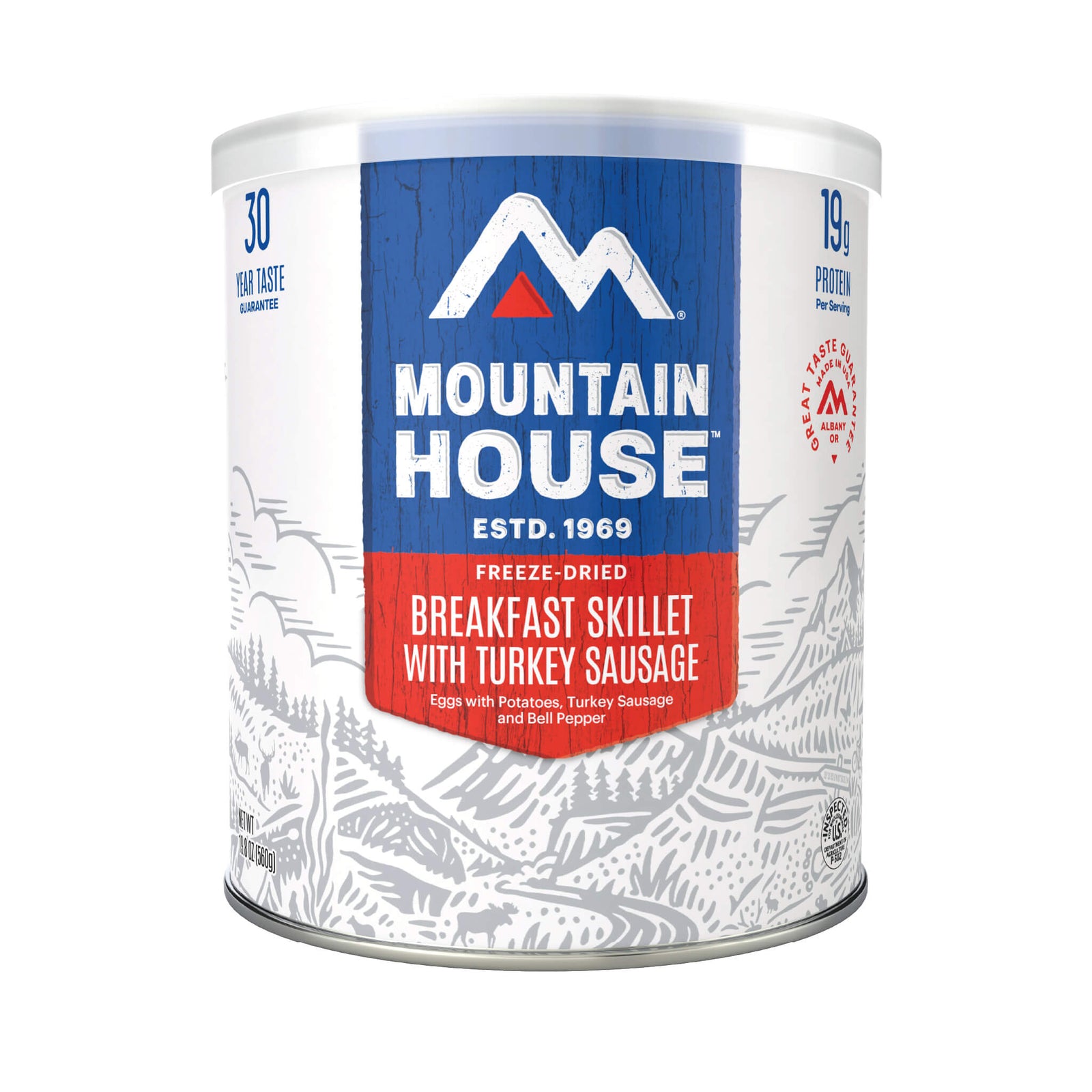 Mountain House freeze-dried breakfast skillet with turkey sausage can on a white background