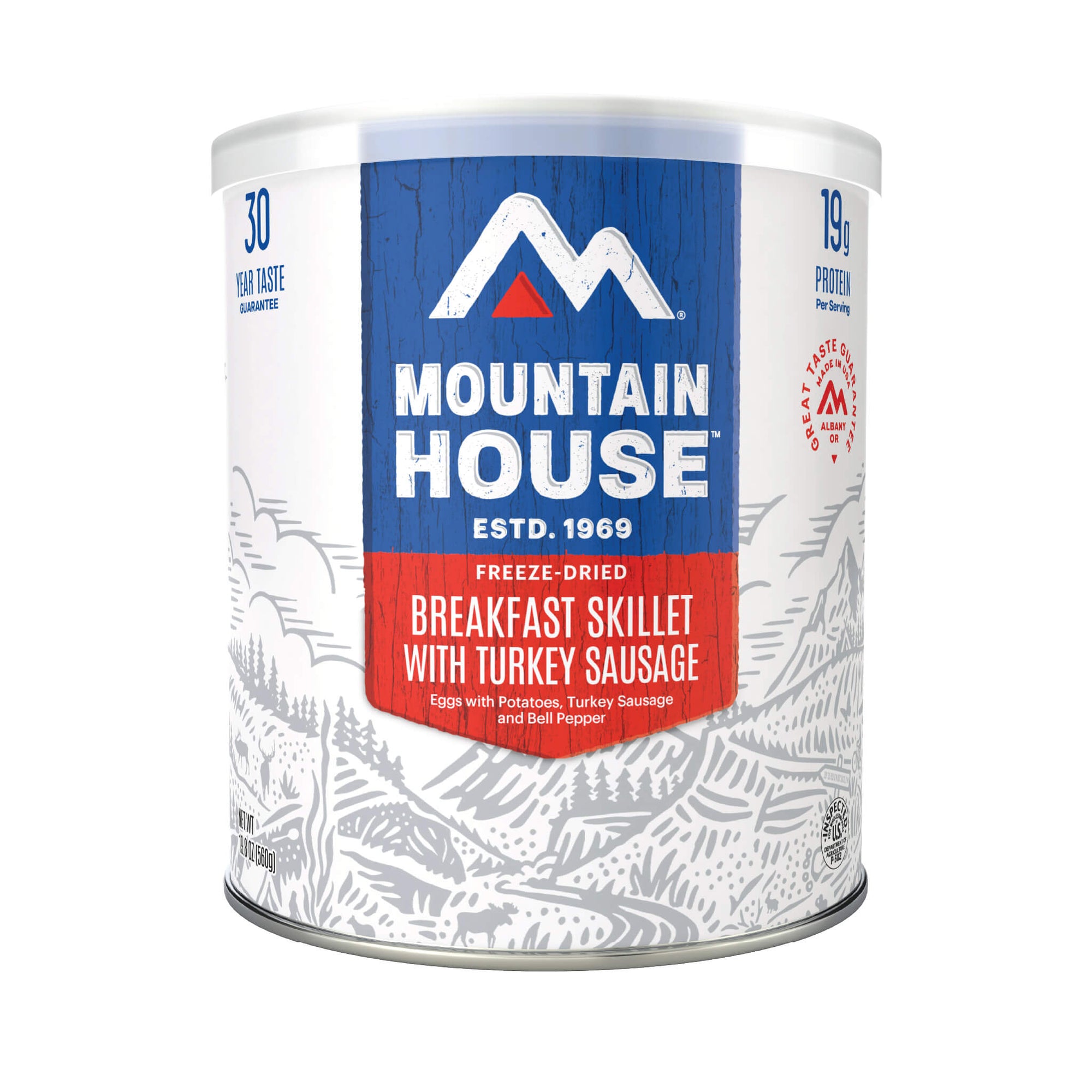 Mountain House freeze-dried breakfast skillet with turkey sausage can on a white background