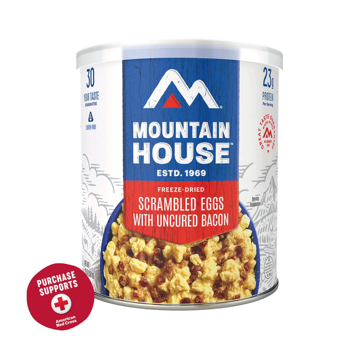 Mountain House Scrambled Eggs with Uncured Bacon #10 Can package on a white background with a red circle that says purchase supports American Red Cross