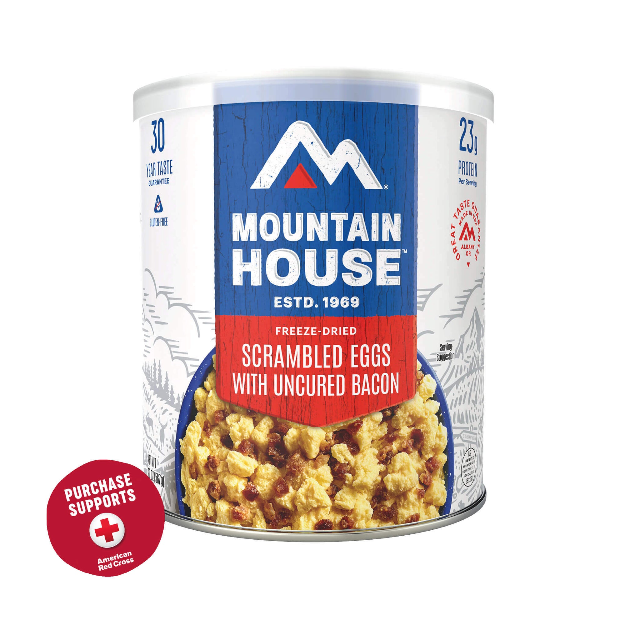 Mountain House Scrambled Eggs with Uncured Bacon #10 Can package on a white background with a red circle that says purchase supports American Red Cross