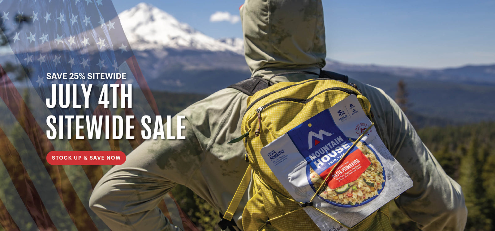 Person with yellow backpack and Mountain House pouch, with text promoting a 25% off sitewide July 4th sale.