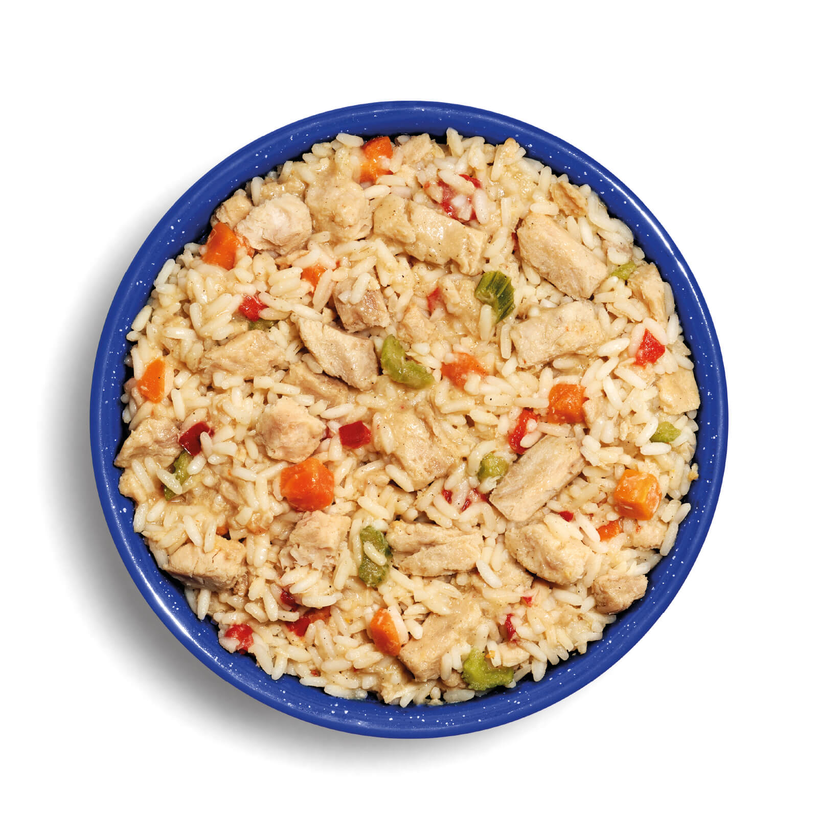 Mountain House Chicken & Rice Pro-Pak prepared in a blue camping bowl.