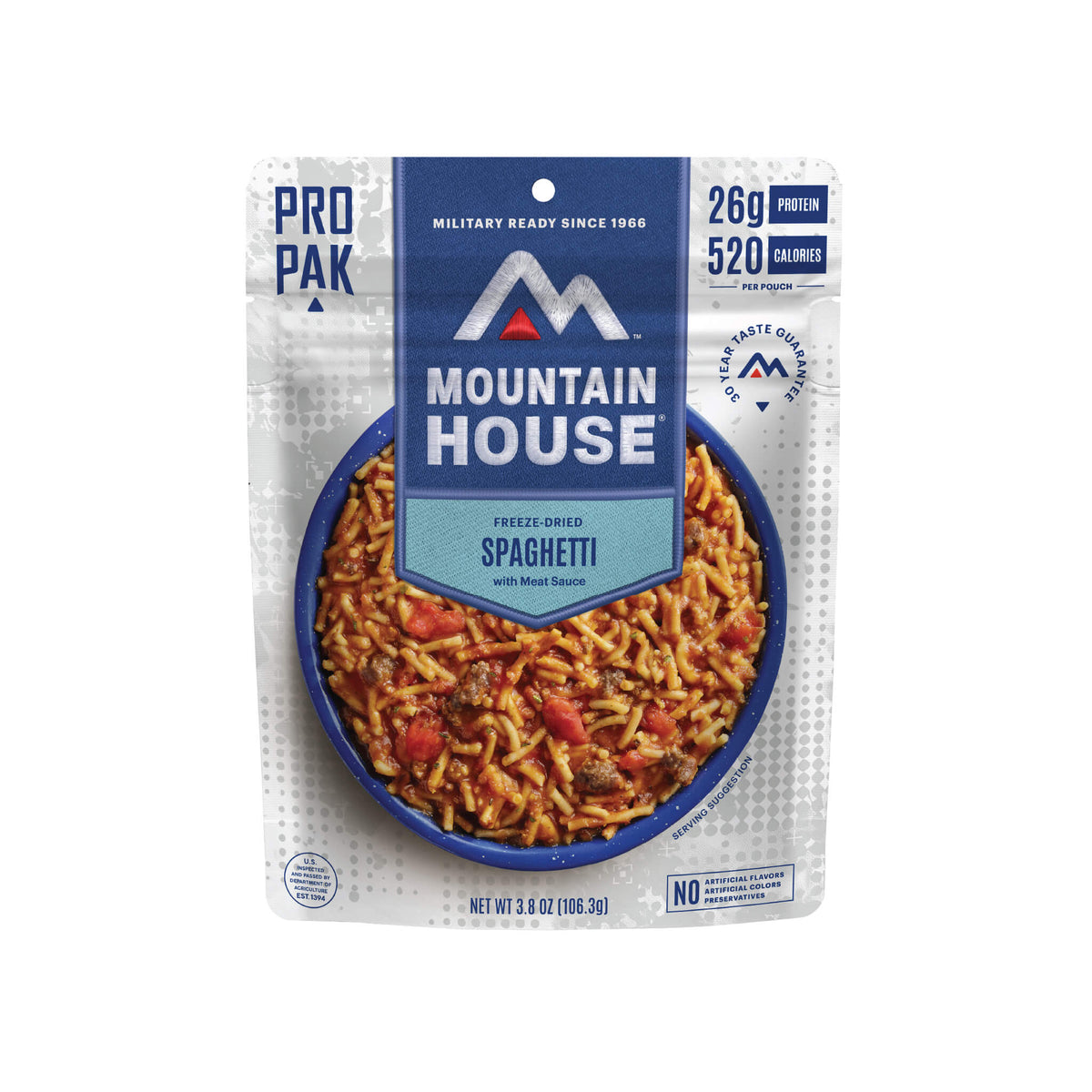 Front view of Mountain House Spaghetti with Meat Sauce Pro-Pak