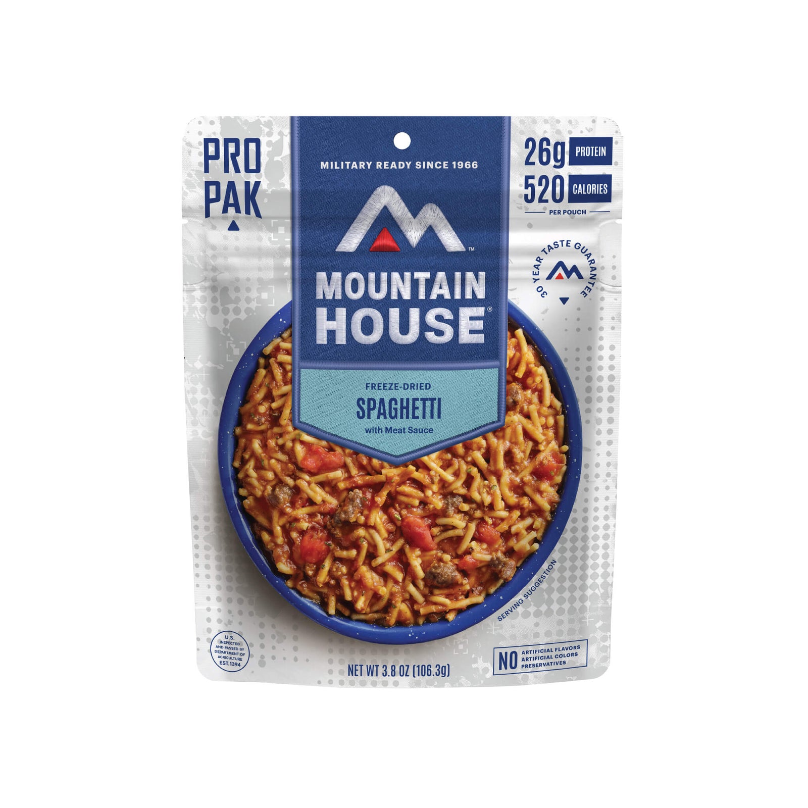 Front view of Mountain House Spaghetti with Meat Sauce Pro-Pak