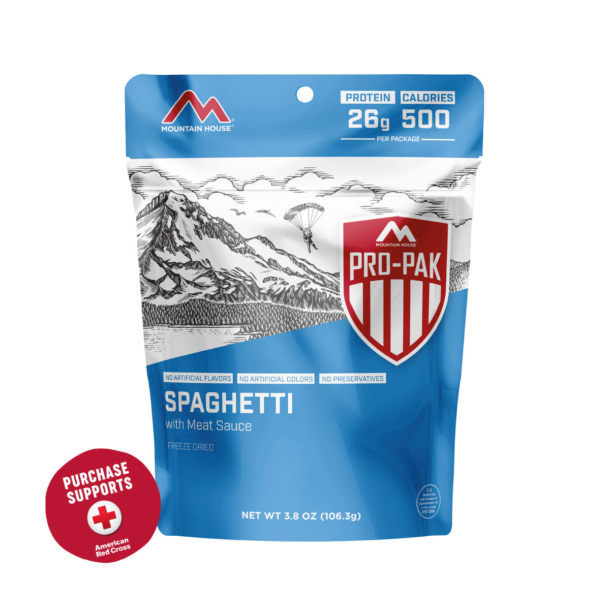 Mountain House Pro-Pak Spaghetti with Meat Sauce package on a white background with red circle that says purchase supports American Red Cross