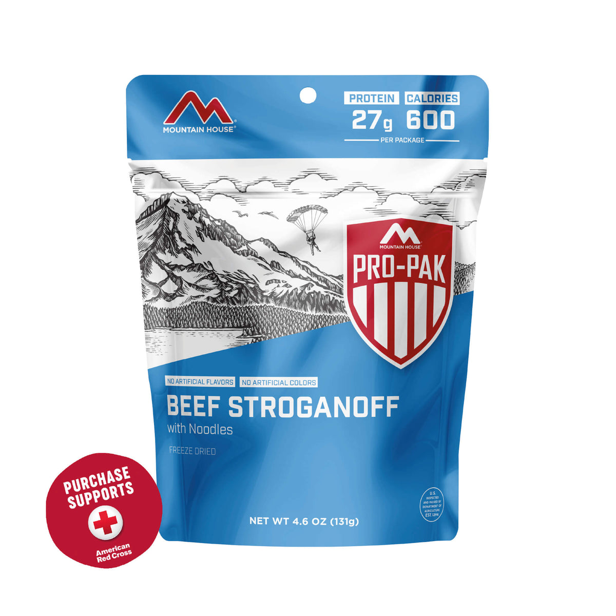 Beef Stroganoff with Noodles Pro-Pak pouch with red badge that reads, &quot;Purchase supports American Red Cross&quot;.