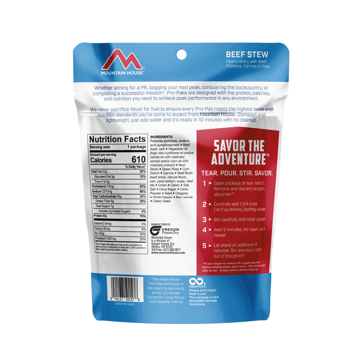 Pack of Mountain House Pro-Pak Beef Stew package with nutrition facts, ingredients, and preparation instructions on a white background.