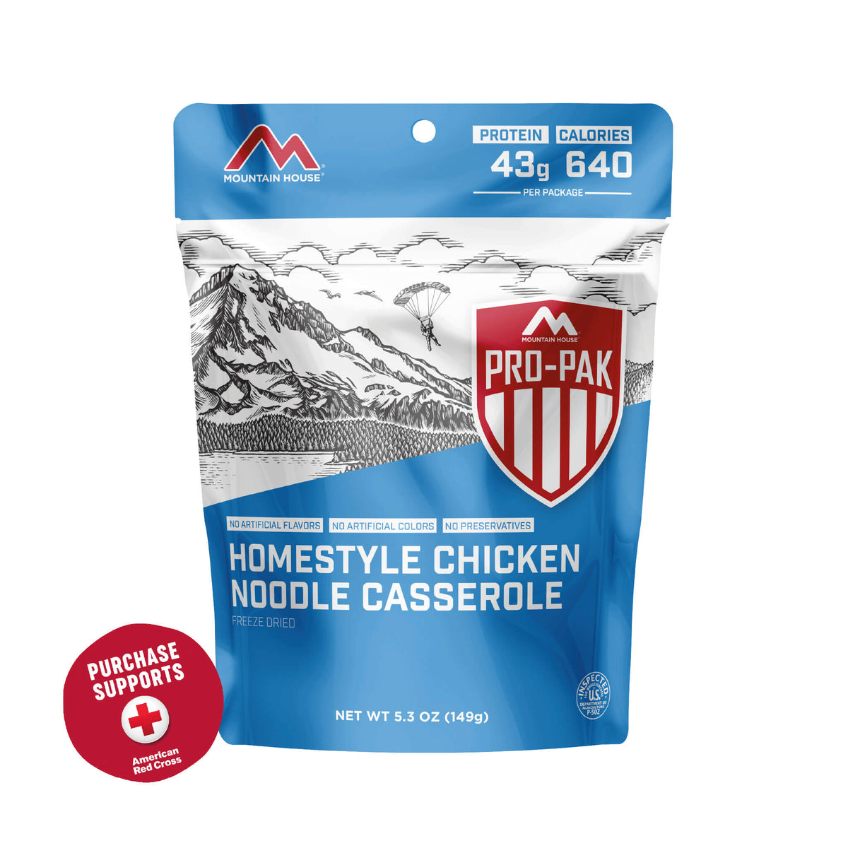 Homestyle Chicken Noodle Casserole Pro-Pak with red badge that reads, &quot;Purchase supports American Red Cross&quot;.