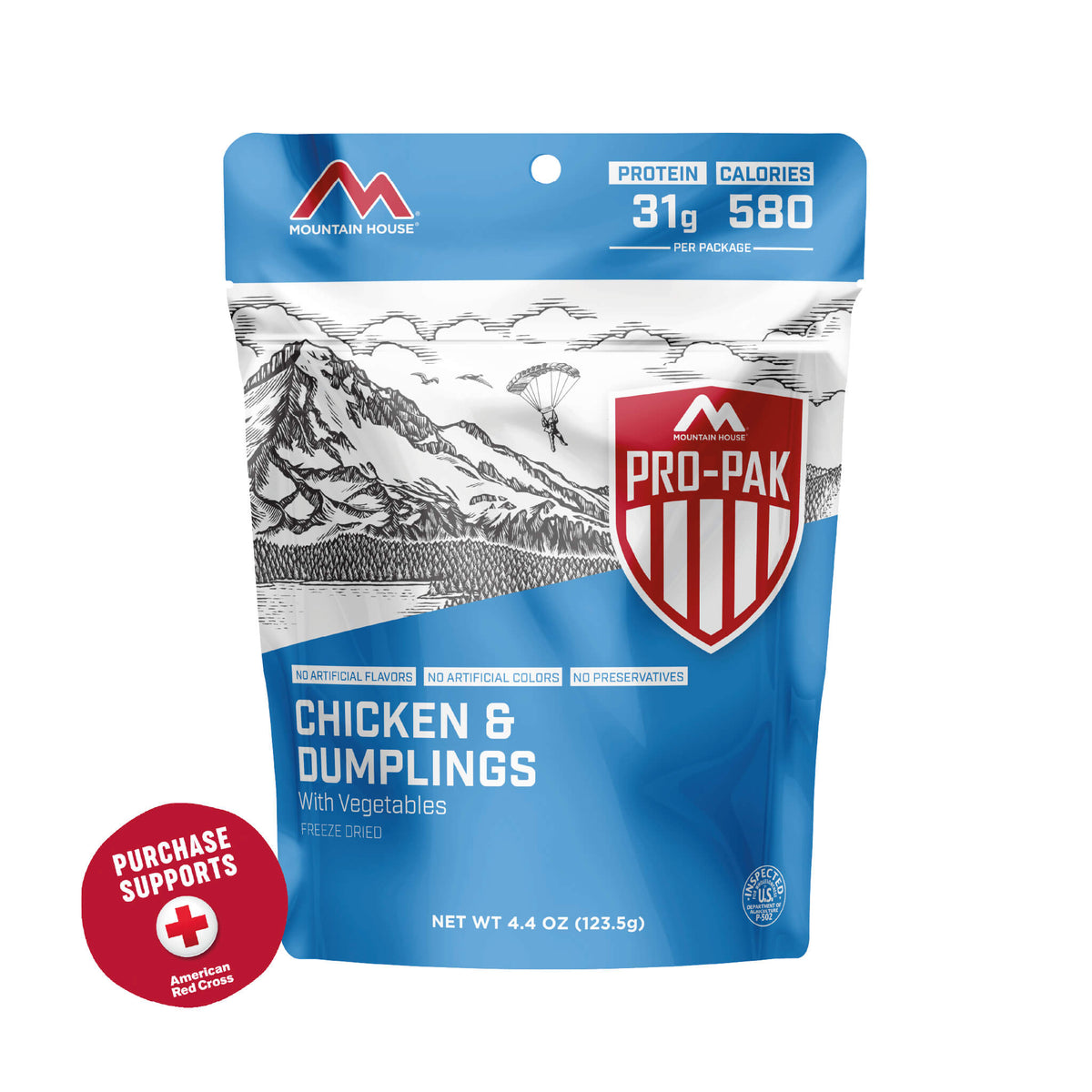 Chicken &amp; Dumplings Pro-Pak with red badge that reads, &quot;Purchase supports American Red Cross&quot;.