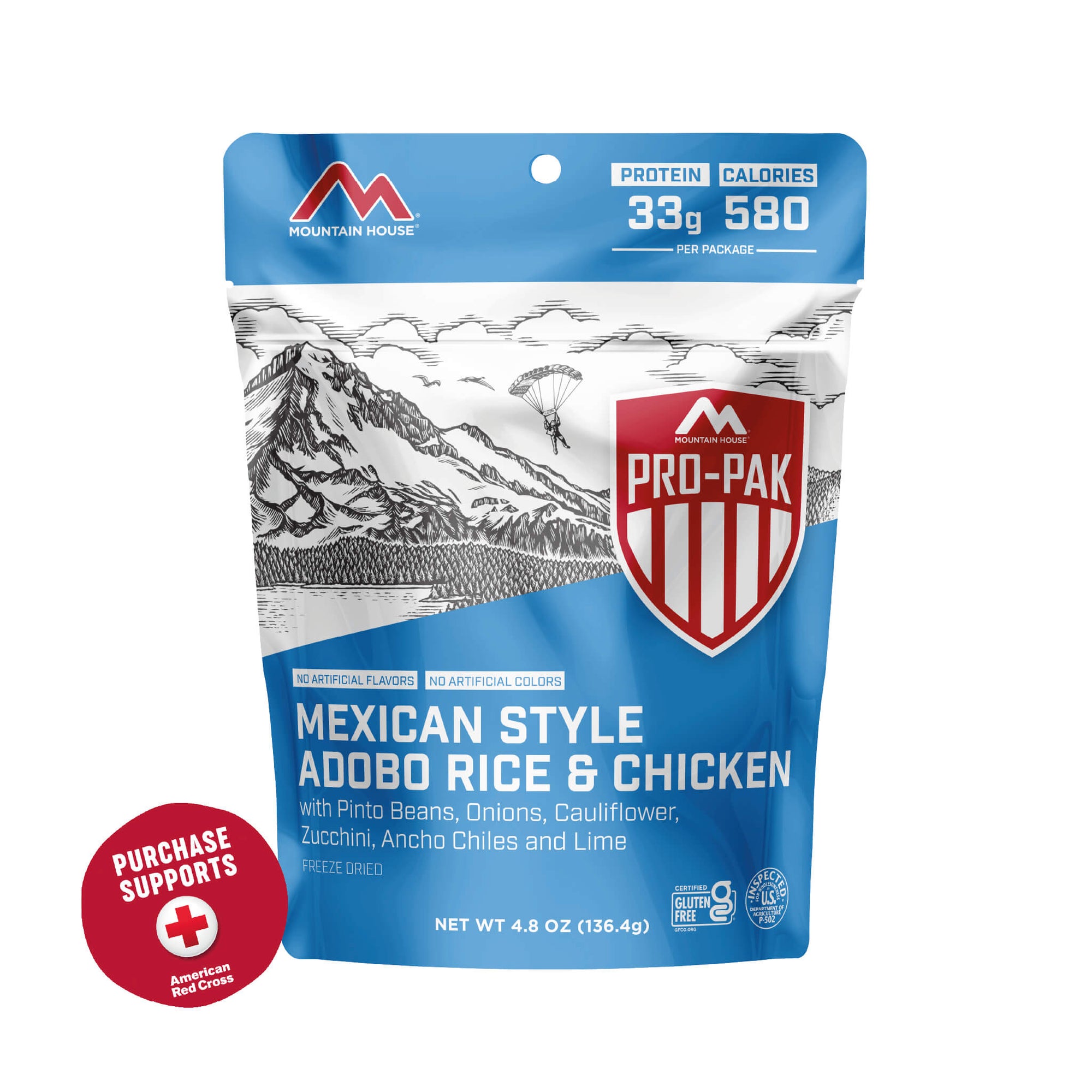 Mountain House Mexican Style Adobo Rice & Chicken package on a white background with a red circle that says purchase supports American Red Cross