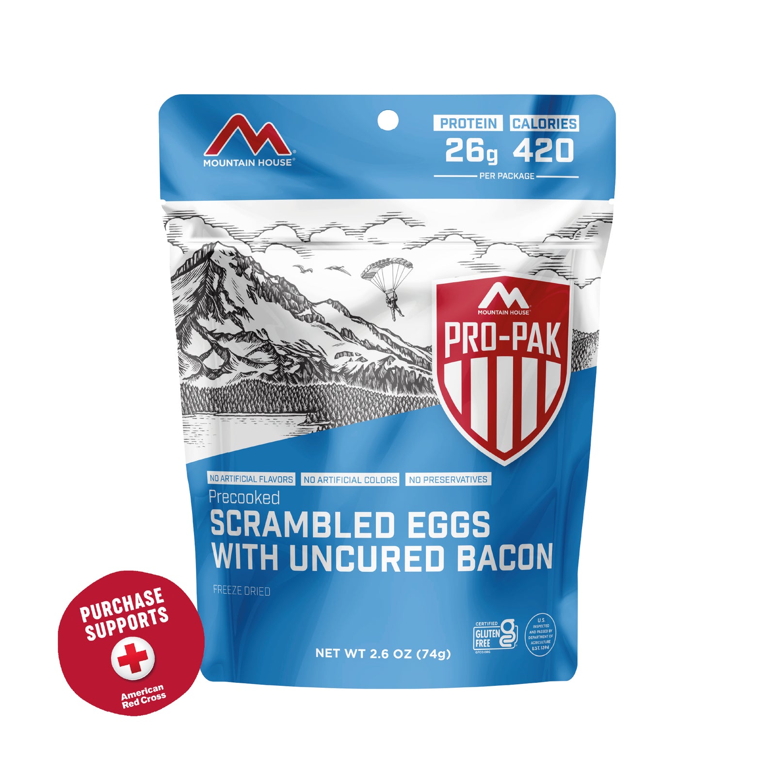 Mountain House Pro-Pak Scrambled Eggs with Uncured Bacon package on a white background with a red circle that says purchase supports American Red Cross