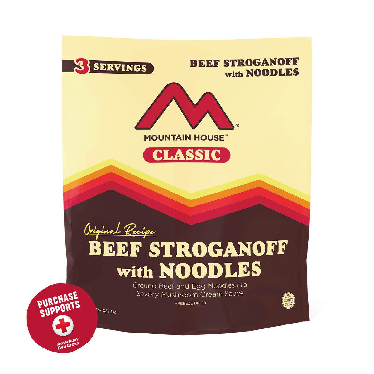 Mountain House Classic Beef Stroganoff with Noodles package on a white background with a red circle that says purchase supports American Red Cross