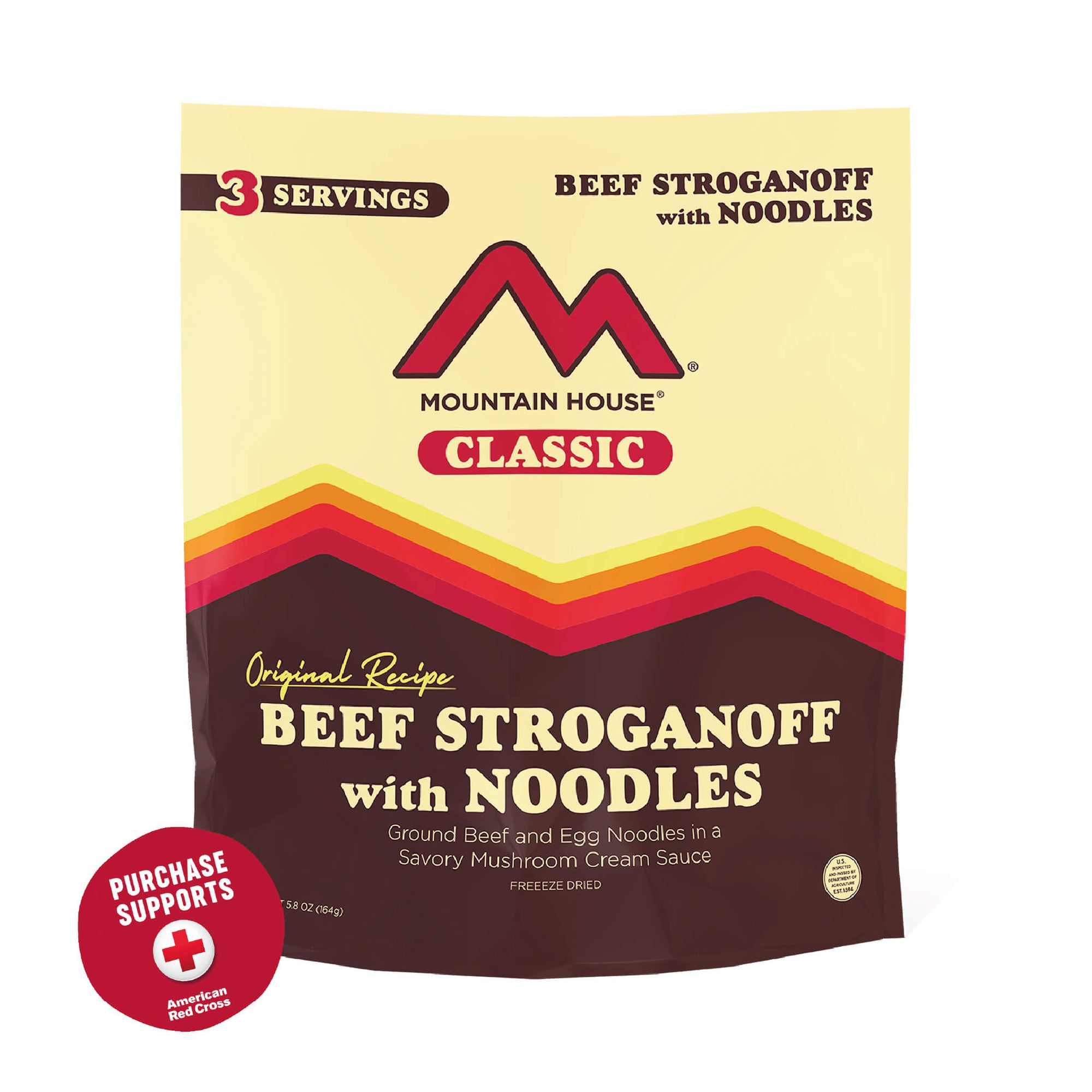 Mountain House Classic Beef Stroganoff with Noodles package on a white background with a red circle that says purchase supports American Red Cross