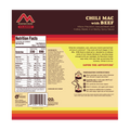 Back of Mountain House Classic Chili Mac with Beef pouch showing preparation instructions, ingredients, and nutrition facts.