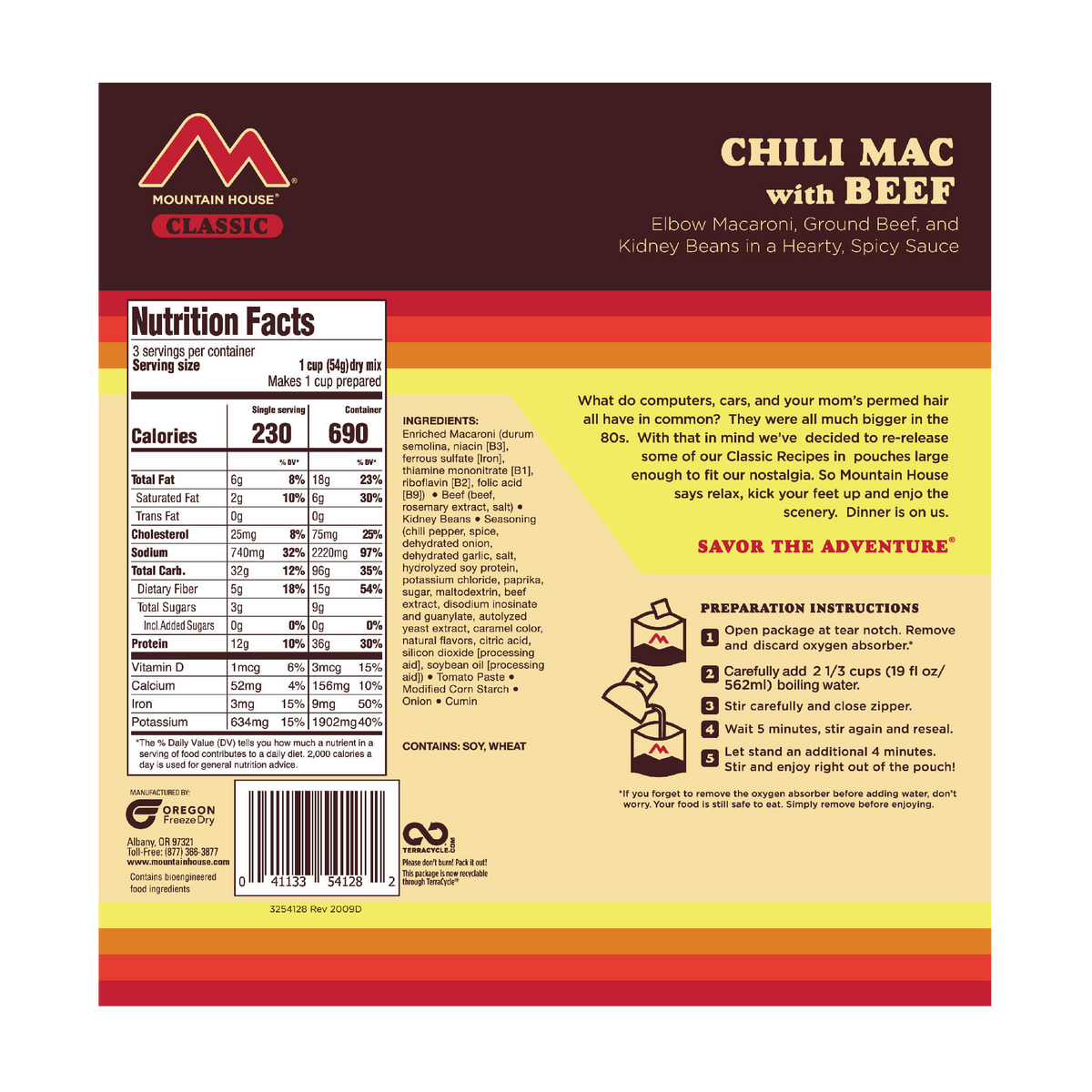 Back of Mountain House Classic Chili Mac with Beef pouch showing preparation instructions, ingredients, and nutrition facts.