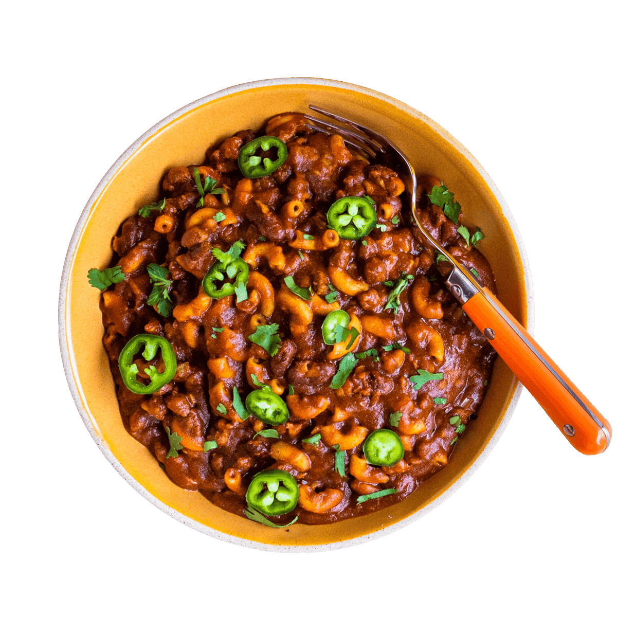 Aerial view of prepared Mountain House Chili Mac in a yellow bowl with an orange-colored fork.