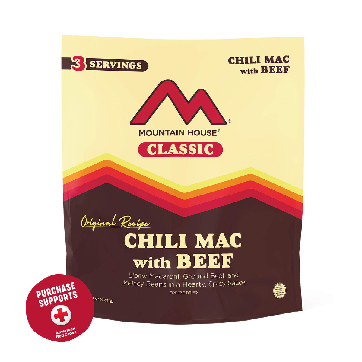 Classic Chili Mac with Beef pouch with red badge that reads, &quot;Purchase supports American Red Cross&quot;.