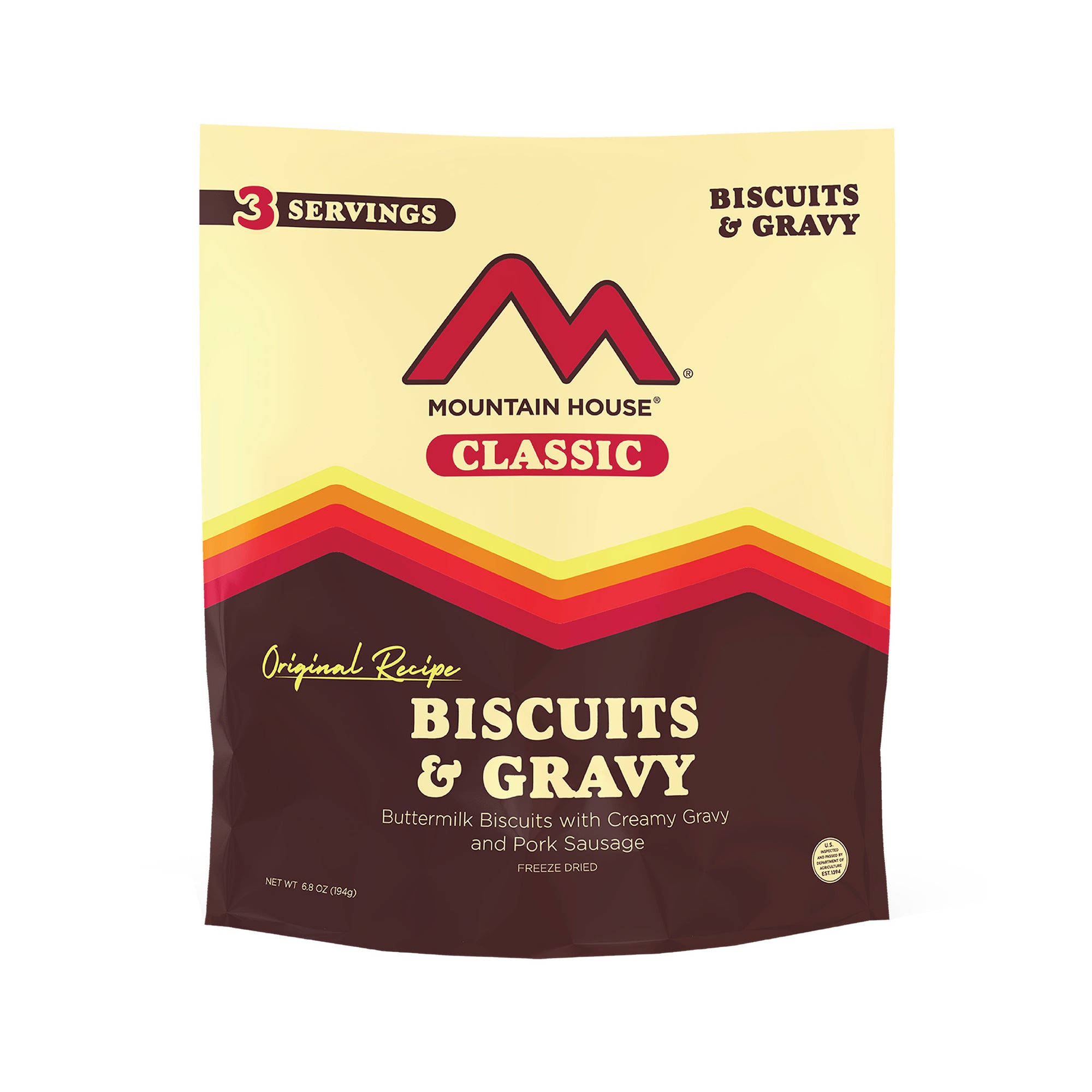 Classic Biscuits & Gravy pouch with red badge that reads, "Purchase supports American Red Cross".