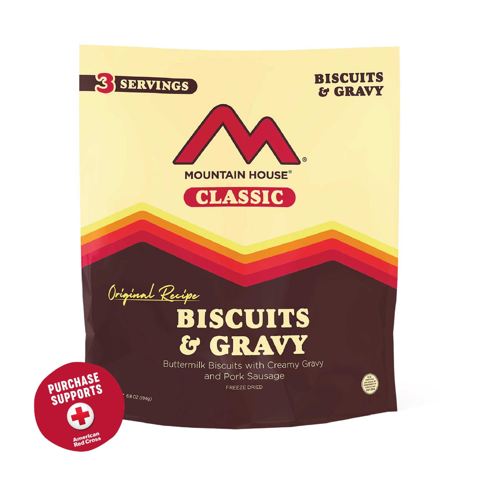Classic Mountain House Biscuits & Gravy packaging on a white background with a red circle that says purchase supports American Red Cross