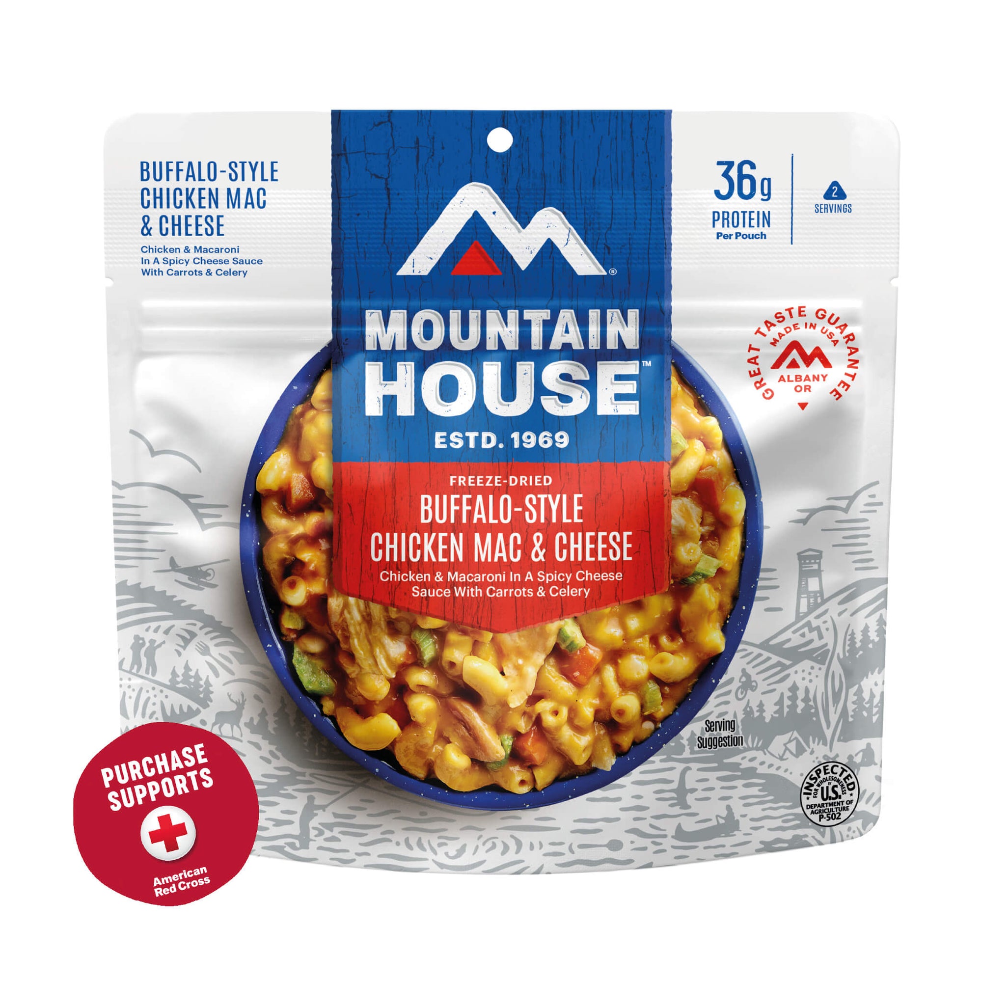 Mountain House Buffalo-Style Chicken Mac & Cheese package on a white background with a red circle that says purchase supports American Red Cross